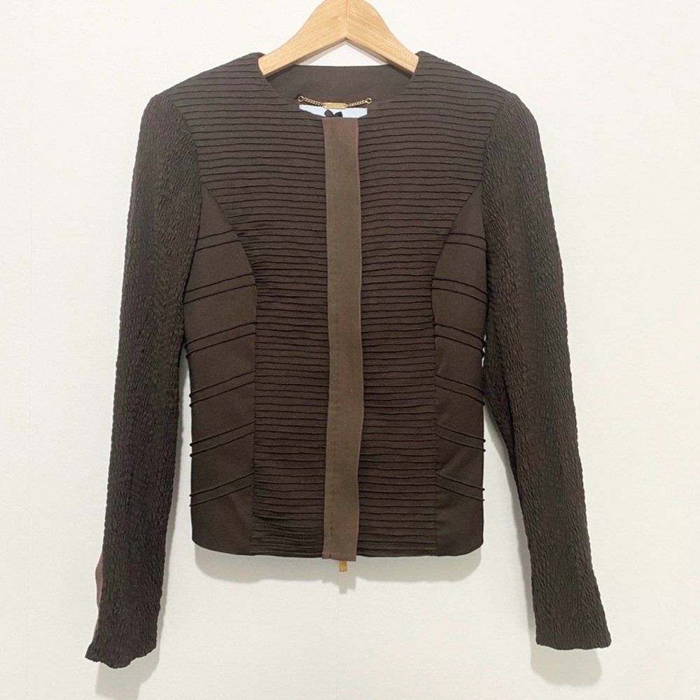 Blumarine Italy Silk Zip Textured Jacket Brown IT42 (US6) Luxury Preppy Feminine
